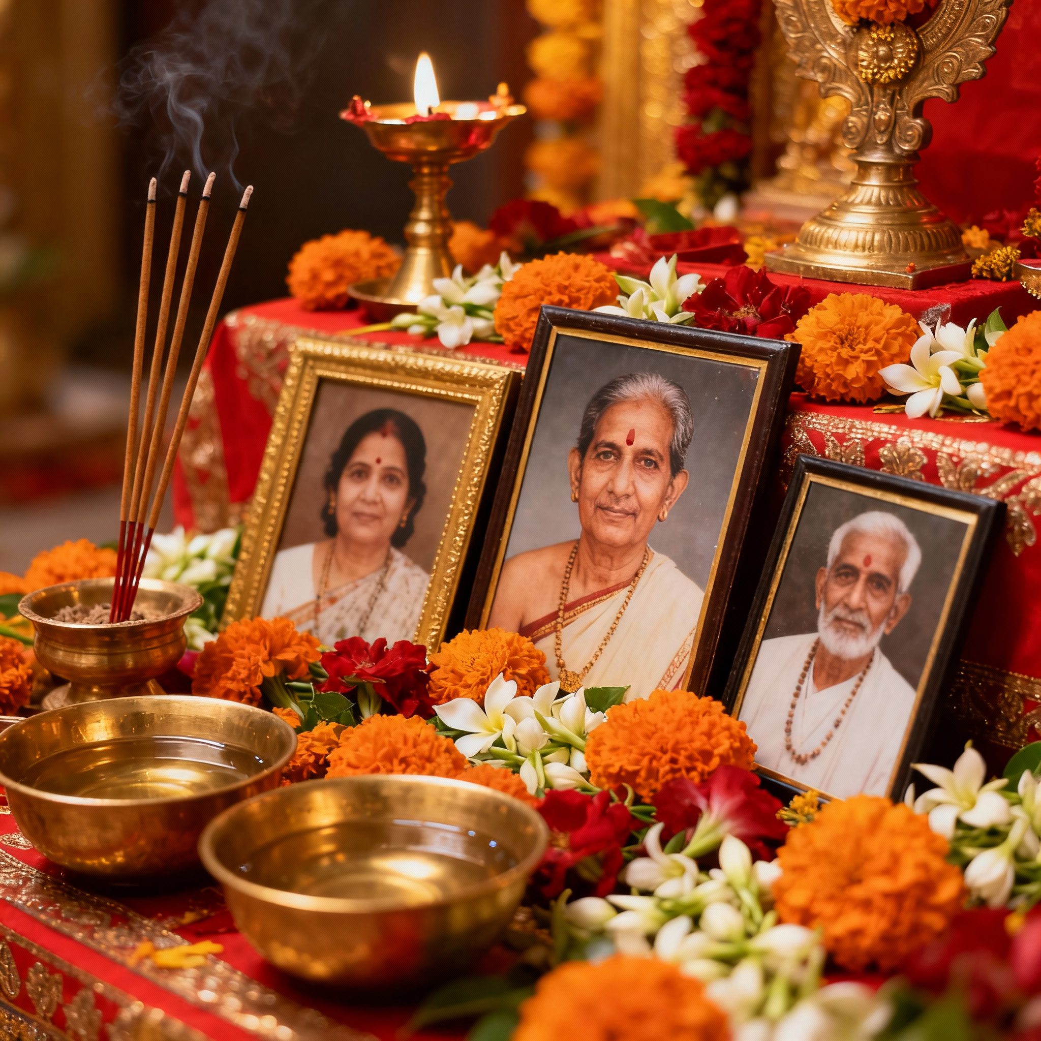 Pitru Puja and Pitru Tarpana ancestral worship ceremony showing priest performing water offerings to ancestors, family members honoring departed loved ones with flowers and incense, sacred fire ritual, rice ball offerings (pinda), honoring ancestral lineage