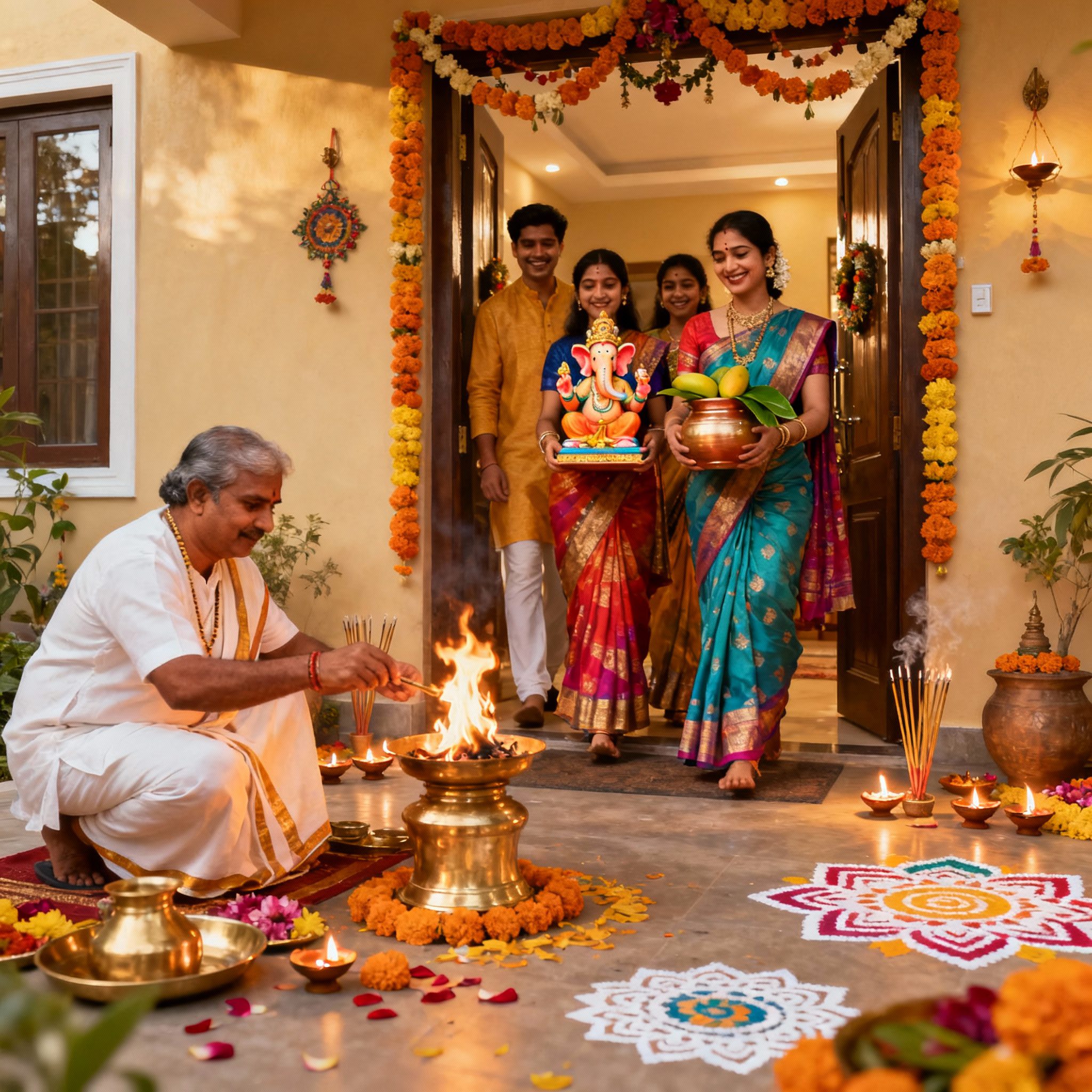 Complete Griha Pravesh Puja house blessing ceremony with family members performing rituals at new home entrance, boiling milk for abundance, offering prayers to Ganesha and Lakshmi, lighting sacred fire, and celebrating auspicious house entry