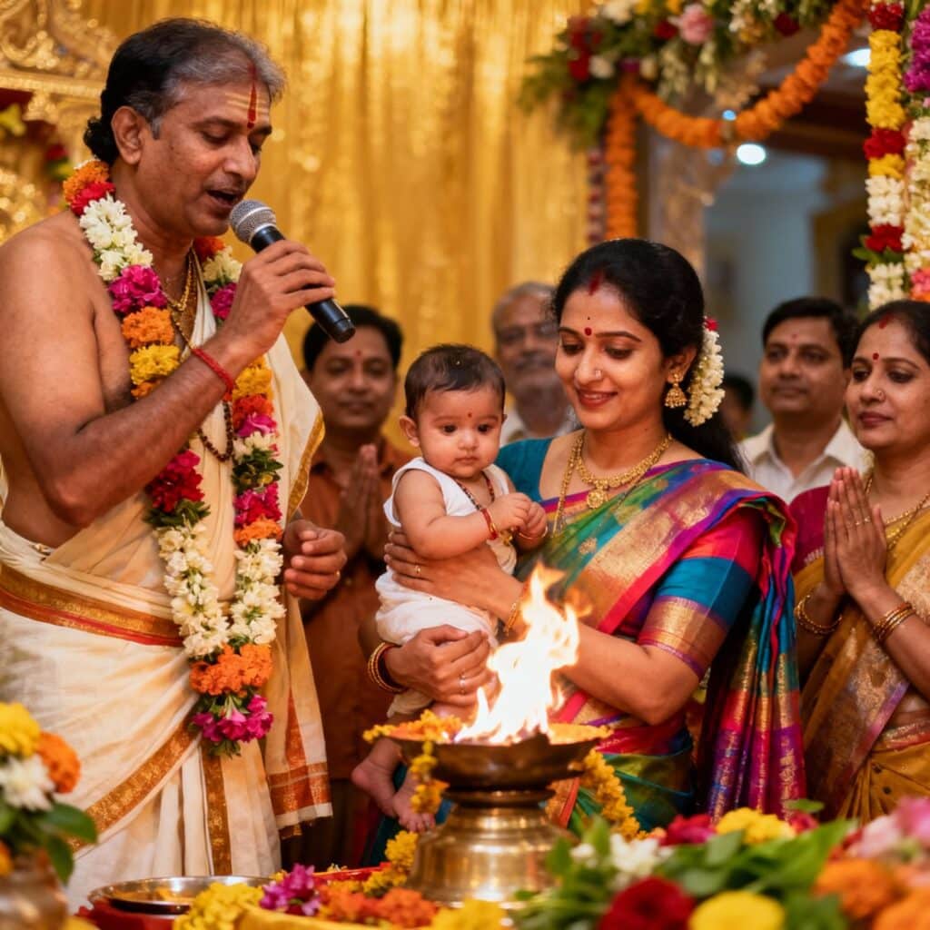 Name giving puja ceremony showing priest , family members gathered blessing newborn with flowers and rice, sacred kalash and ritual elements, Ganesha invocation, ceremonial blessings for newborn identity and prosperity