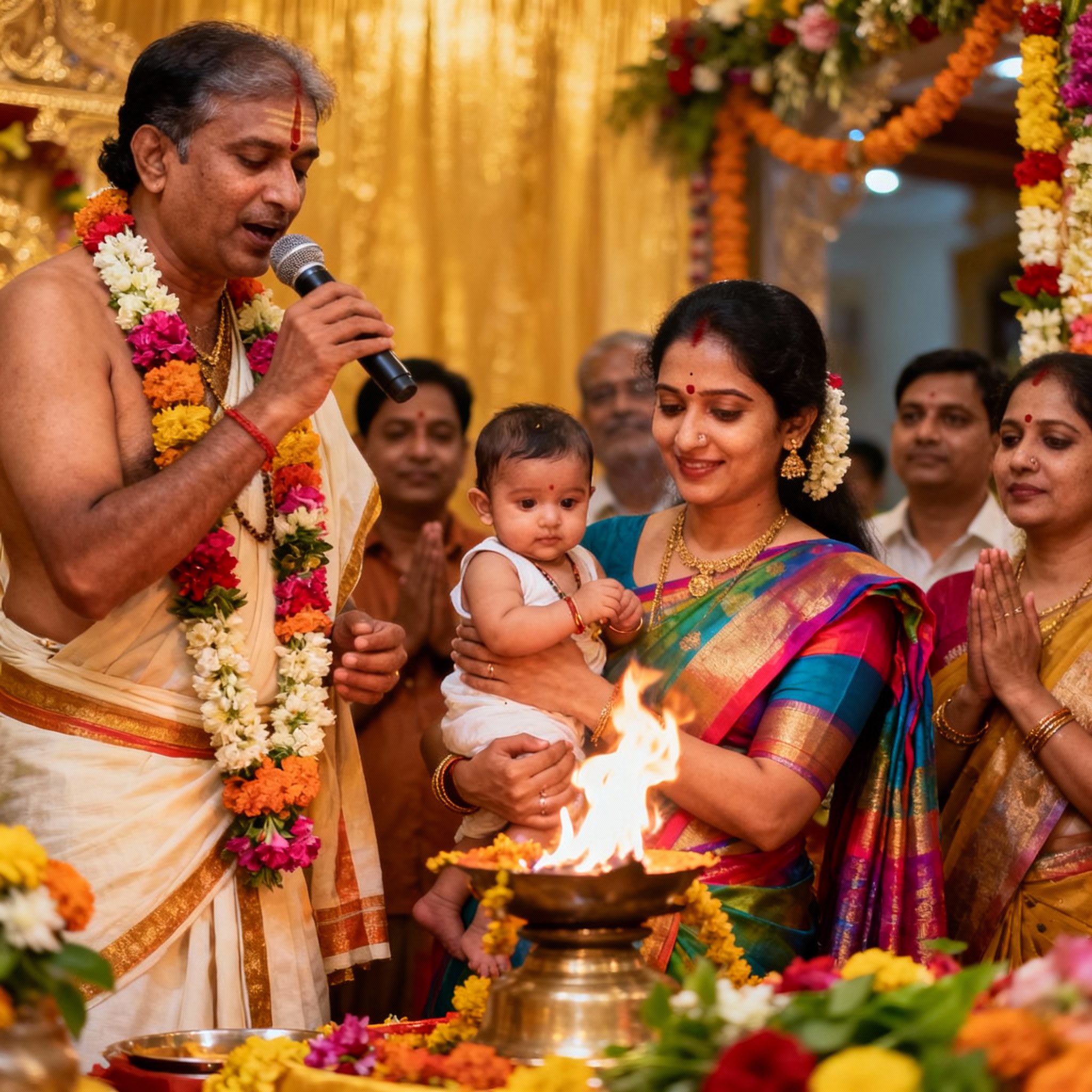 Name giving puja ceremony showing priest , family members gathered blessing newborn with flowers and rice, sacred kalash and ritual elements, Ganesha invocation, ceremonial blessings for newborn identity and prosperity