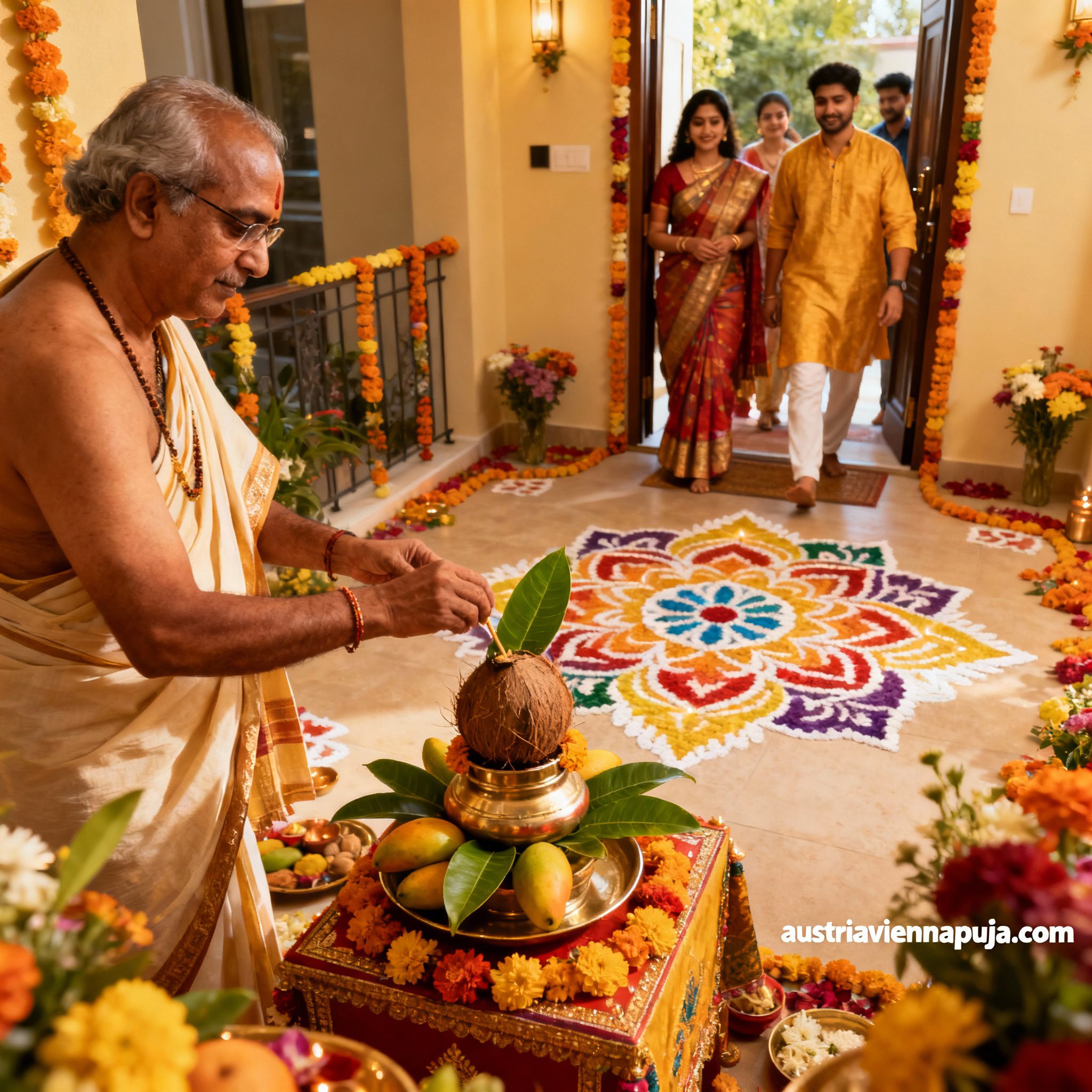 Hindu pandit in France performing Griha Pravesh house blessing ceremony with elaborate ritual setup, sacred arrangements, colorful decorations, and family gathered for auspicious celebration