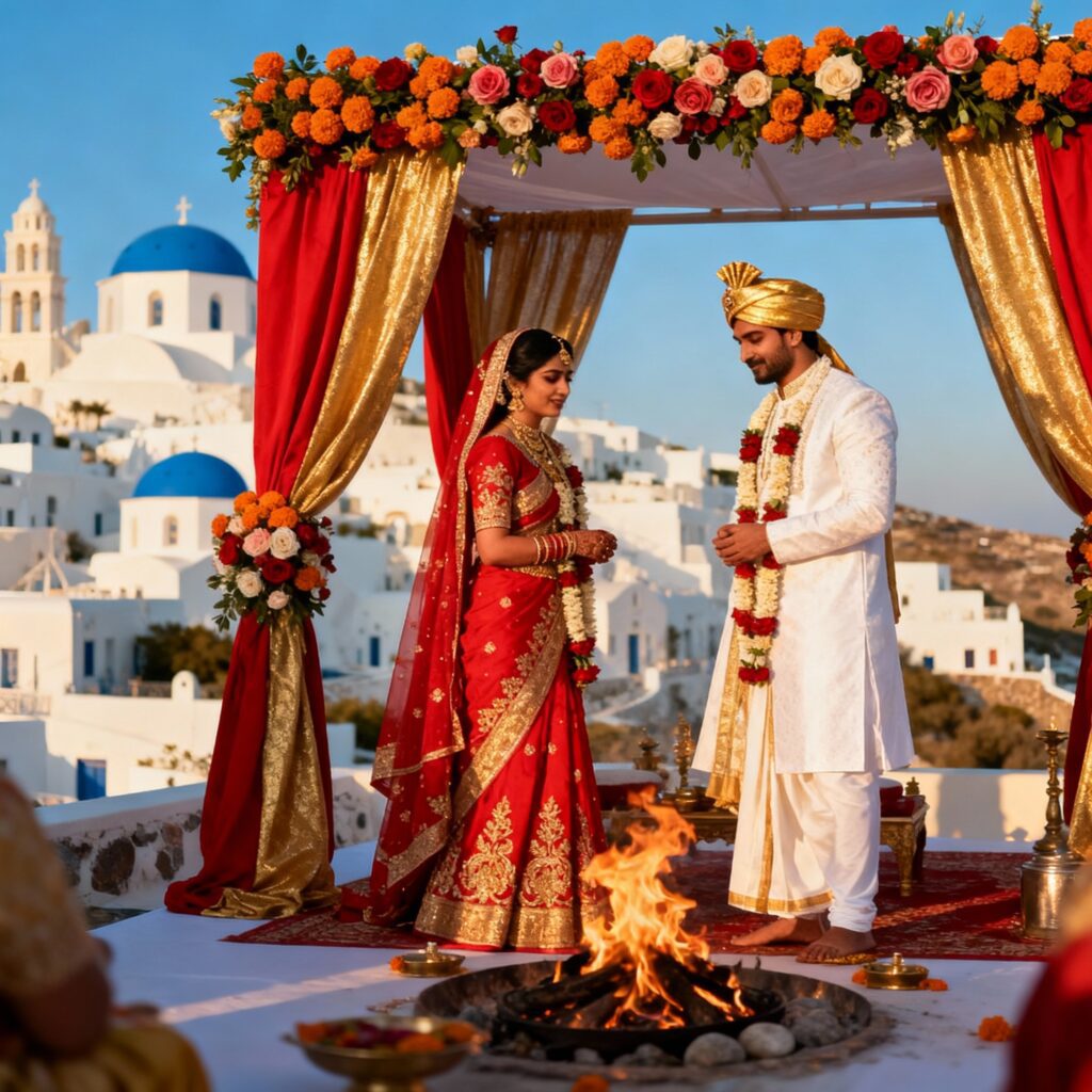 Hindu pandit in Santorini conducting the Vivaha rite on a clifftop terrace above the Aegean caldera