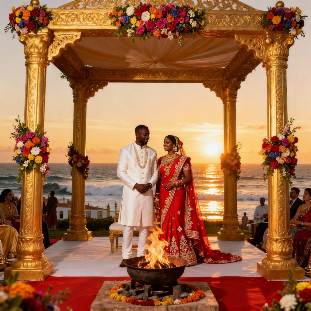 Hindu wedding in Portugal, the couple before the sacred fire at a clifftop estate above the Atlantic in the Algarve