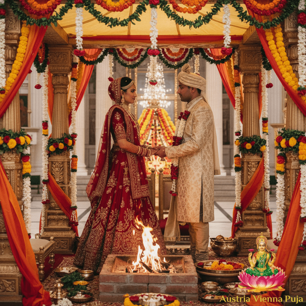 Hindu wedding in Spain, the couple seated at the sacred fire beneath a decorated four-pillared mandap
