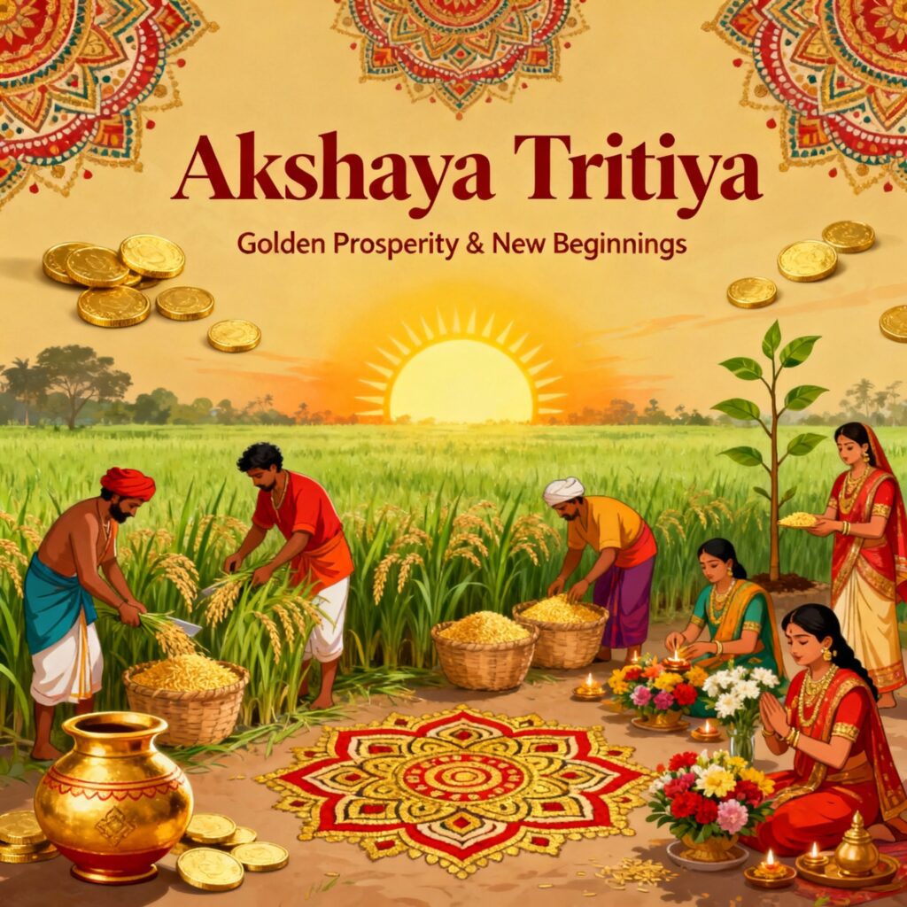 Akshaya Tritiya celebration showing sacred rituals, puja offerings to Lakshmi and Kubera, charitable acts, gold worship, and spiritual preparation for auspicious marriage or new ventures.