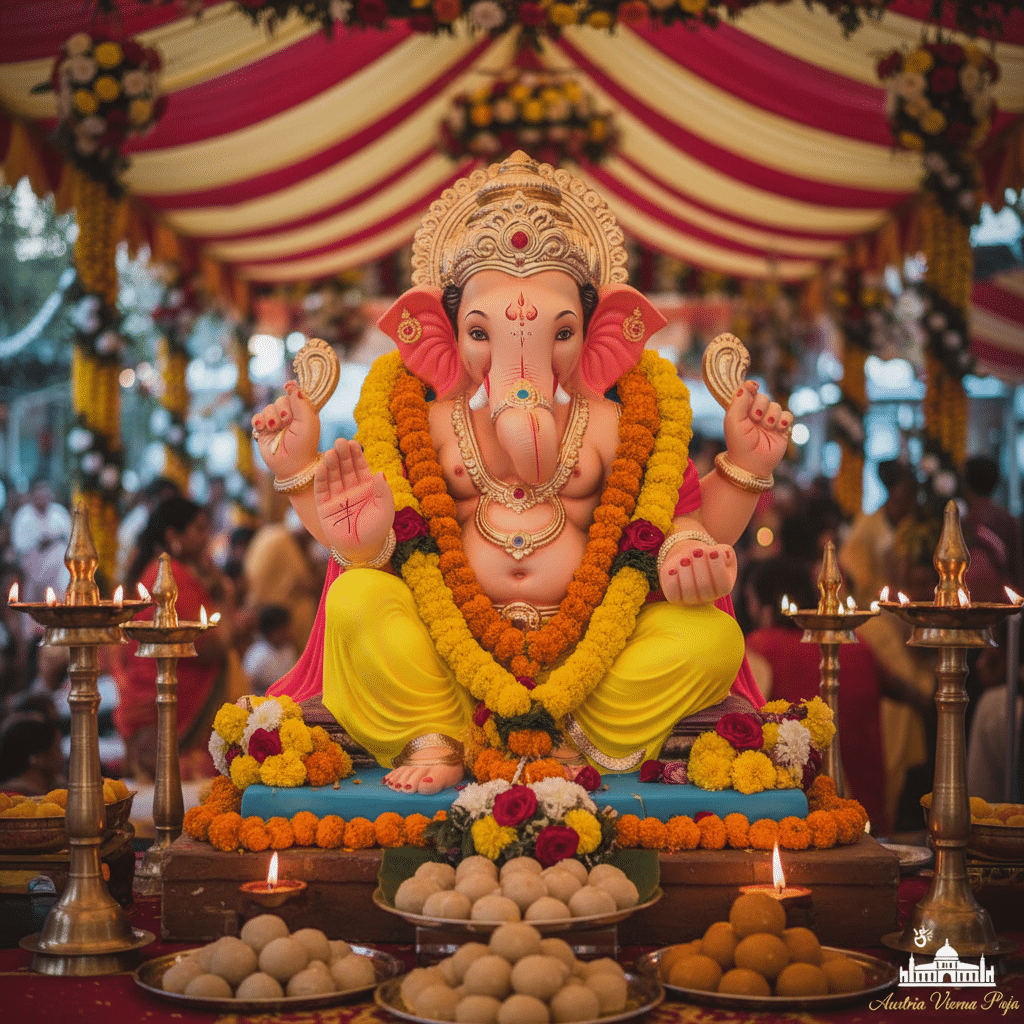 Ganesh Chaturthi observance, a decorated image of Ganesha with flowers, lamps and offerings arranged for worship
