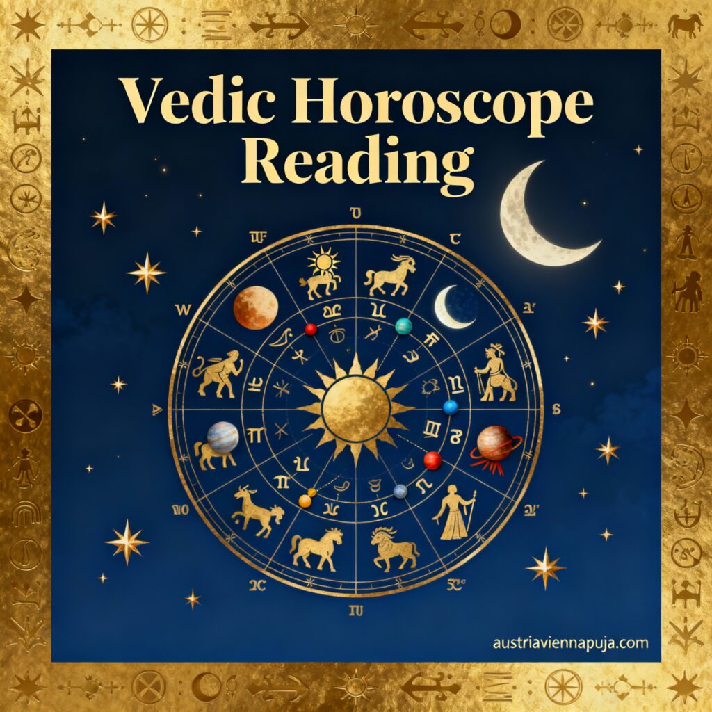 Vedic horoscope reading service with detailed birth chart analysis, daily weekly monthly predictions, planetary transit interpretations, and personalized guidance for career, relationships, health, and spiritual development