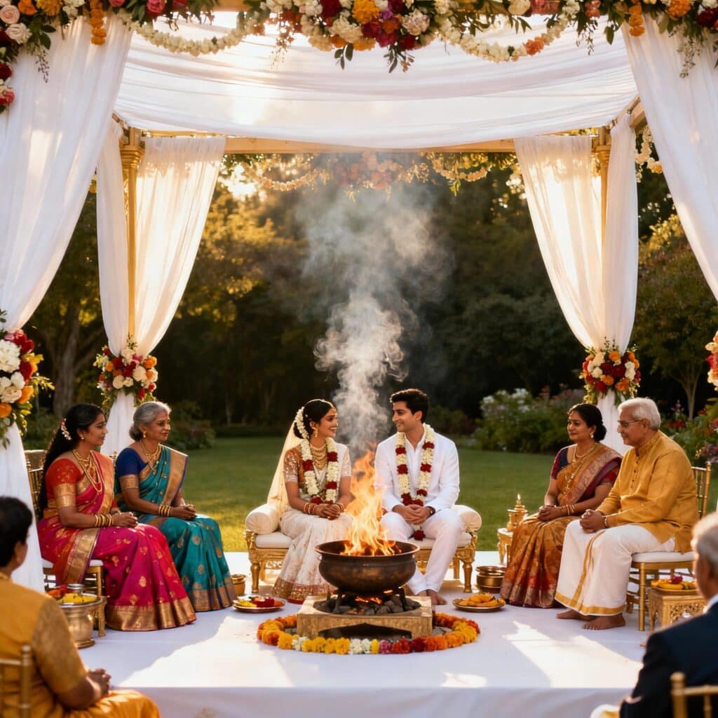 Hindu pandit in Switzerland conducting the sacred fire ceremony for a couple beneath a draped canopy with the family gathered