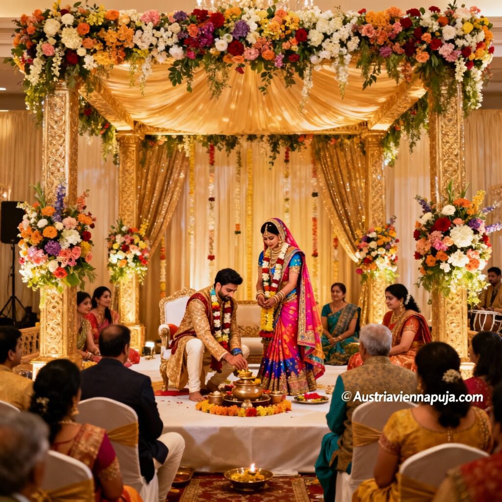 Hindu priest in Europe conducting a family ceremony before the sacred fire with the household gathered around the mandap