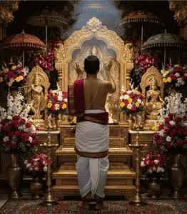 Hindu puja altar with deity, lamp and ritual offerings