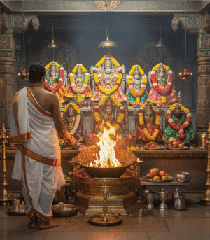 Vedic Homa fire ritual with sacred kuṇḍa and offerings