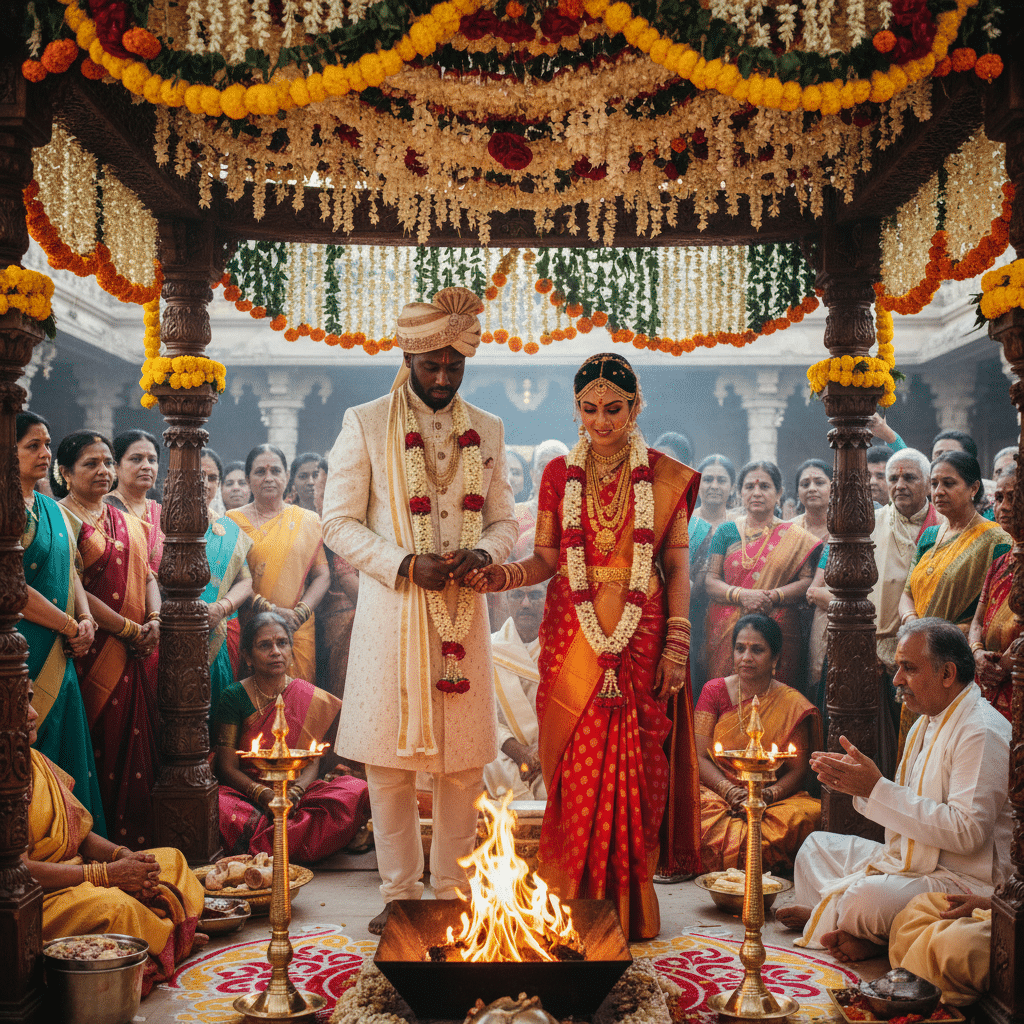 Authentic Hindu wedding in Europe with the Vedic fire, Vedī, and Saptapadī conducted by a qualified Ṛtvij