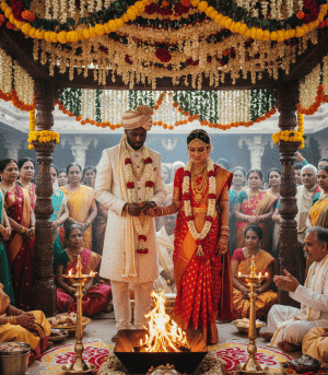 Authentic Hindu wedding in Europe, the couple seated before the kindled sacred fire as the priest conducts the Vivāha