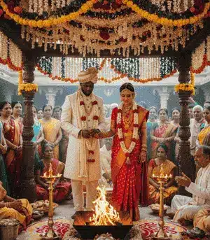 Hindu wedding mandap with sacred fire ceremony in Europe