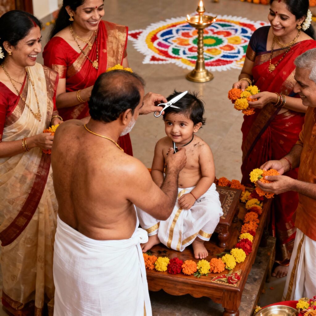 Hindu hair cutting ceremony Mundan showing child's first hair shaving ritual with priest performing Ganesh puja and protective mantras, barber carefully cutting child's hair, family gathering with blessings, sacred fire ceremony, tuft of hair left on scalp