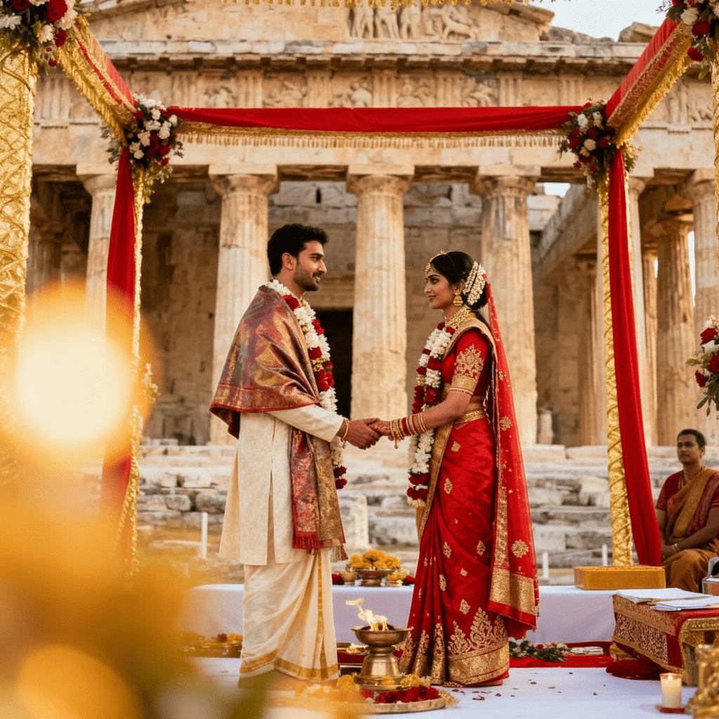 Hindu pandit and priest performing sacred Vedic wedding ceremony in Santorini, Greece with couple at ornate mandap against historic architectural backdrop with Mediterranean sea views, authentic rituals and traditional decorations