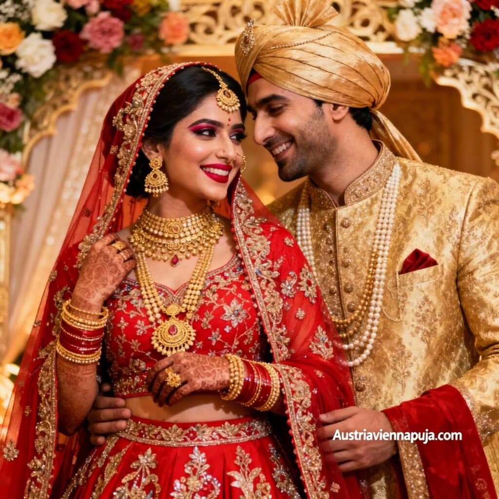 Hindu wedding in Paris, the couple in traditional dress before the decorated mandap and sacred fire