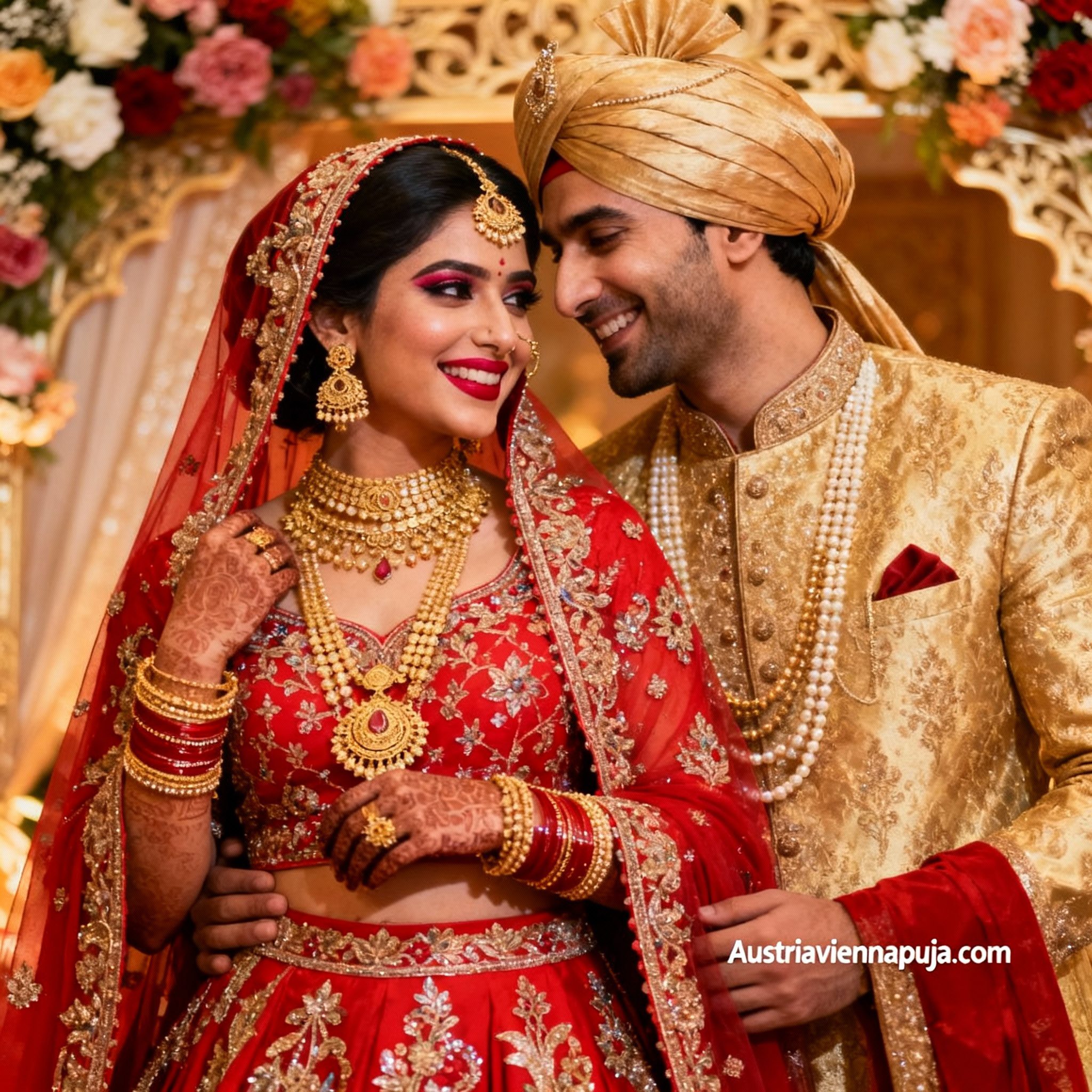 Hindu wedding in Paris, the couple seated before the decorated mandapa and the consecrated fire