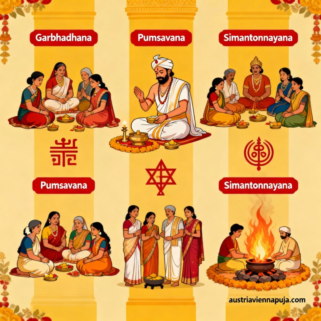 The sixteen samskaras of Hindu tradition, a priest conducting a life-cycle rite before the sacred fire with the family gathered