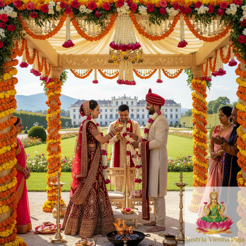 Hindu wedding in Europe at palace estate with bride in maroon lehenga and groom in cream sherwani under golden mandap with elaborate marigold garlands, family gathered, European mansion backdrop with gardens