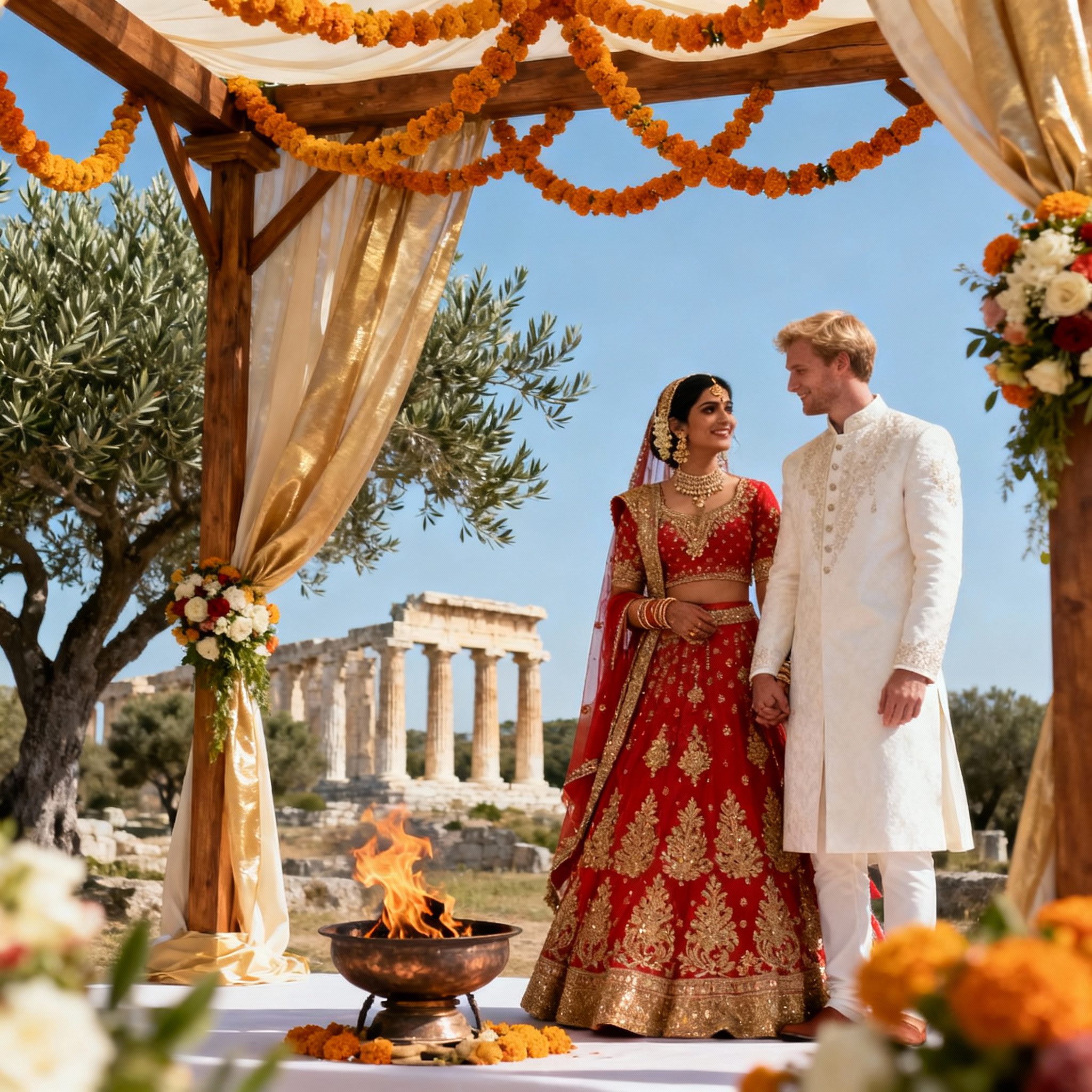 Hindu wedding in Athens with bride in red lehenga and groom in white sherwani under wooden pergola with golden silk and marigolds, ancient Greek temple columns visible in background
