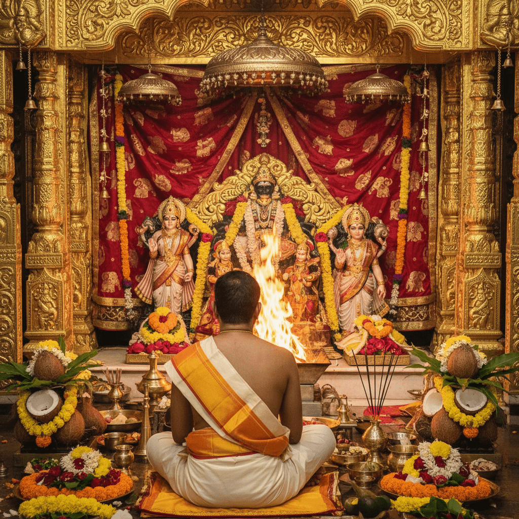 Pandit Sahadev, Vedic priest serving Hindu families across Europe, at the sacred fire