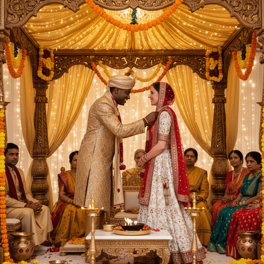 Hindu wedding in Greece with the sacred fire and mandap on a clifftop island setting, conducted by a Vedic priest