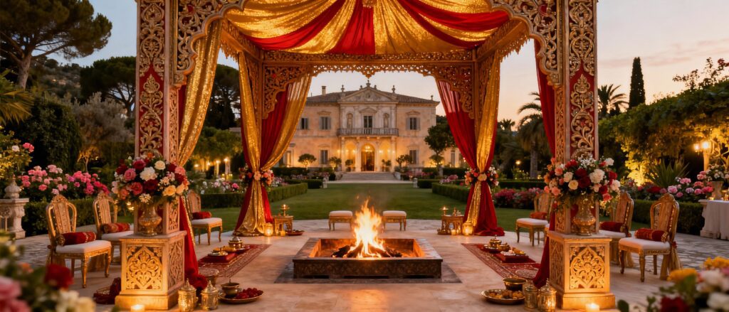 European venue for Hindu wedding with traditional mandap and ceremonial setup at luxury destination location