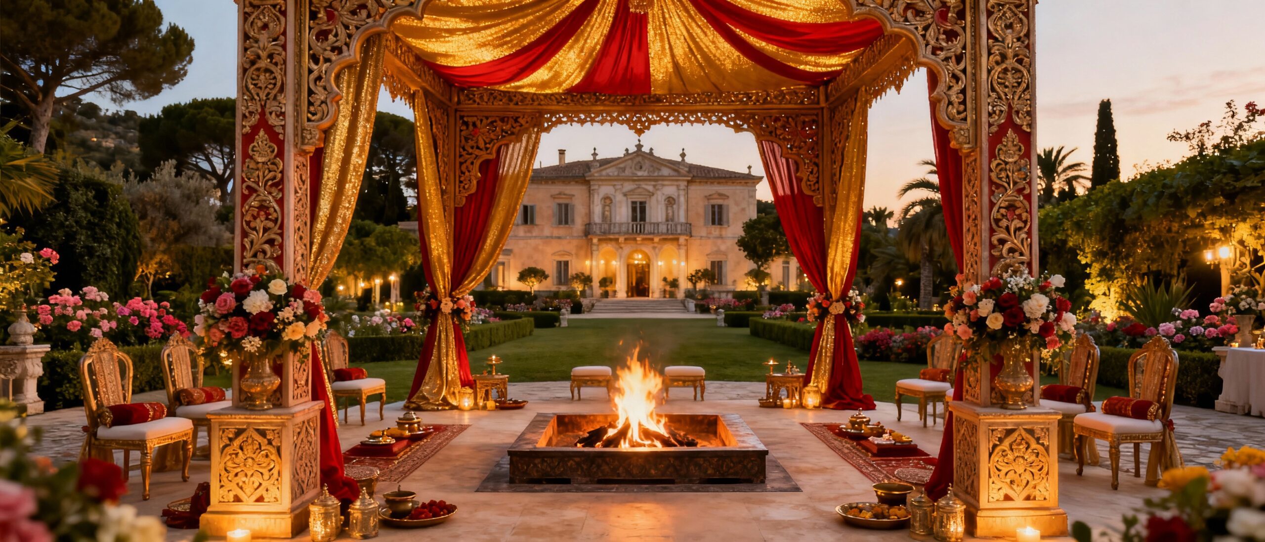 European venue for Hindu wedding with traditional mandap and ceremonial setup at luxury destination location