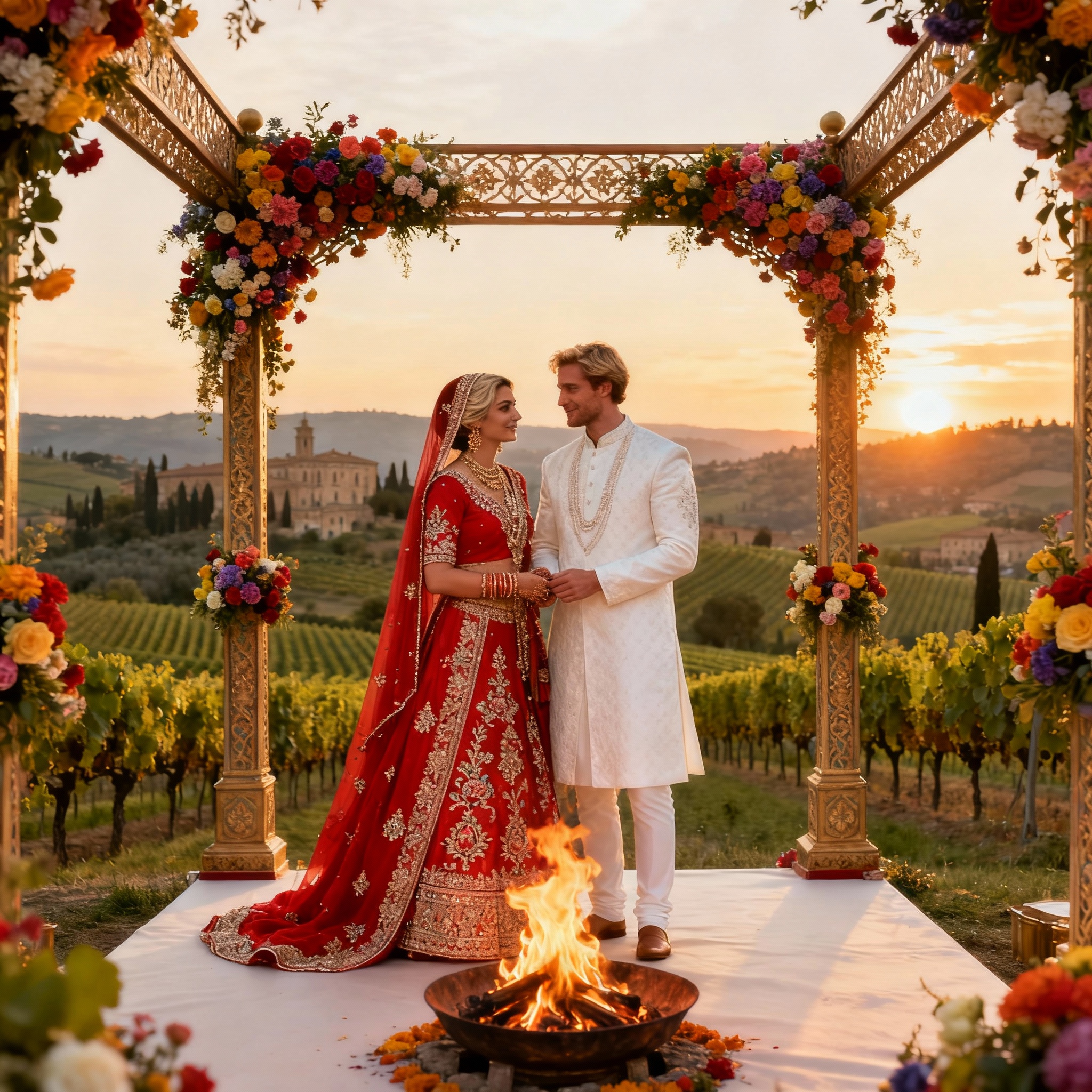 Hindu Pandit in Italy leading traditional Vedic ceremony with couple and sacred fire, ornate mandap decoration, vibrant marigolds and flowers, tuscan villa and sunset background