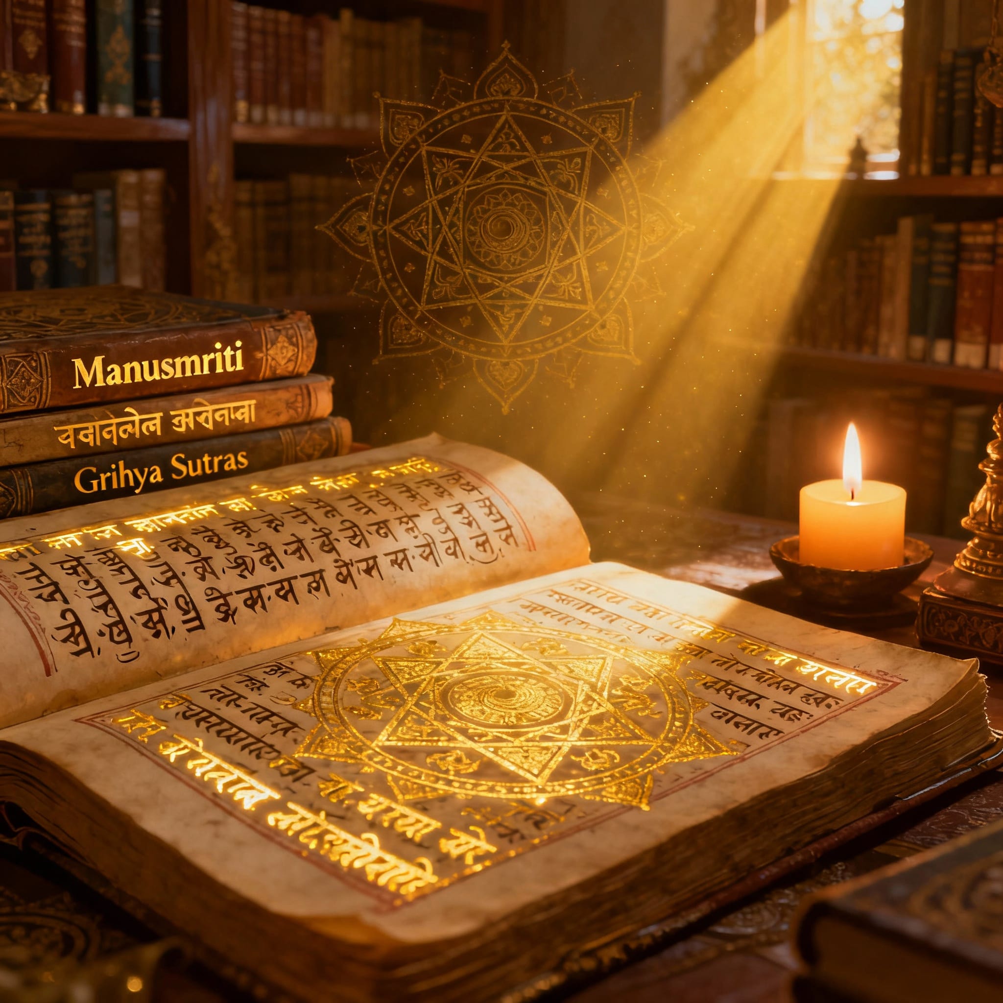 Hindu Priest in Germany studying sacred Sanskrit scriptures and Vedic texts in temple library for ceremonial knowledge and spiritual guidance