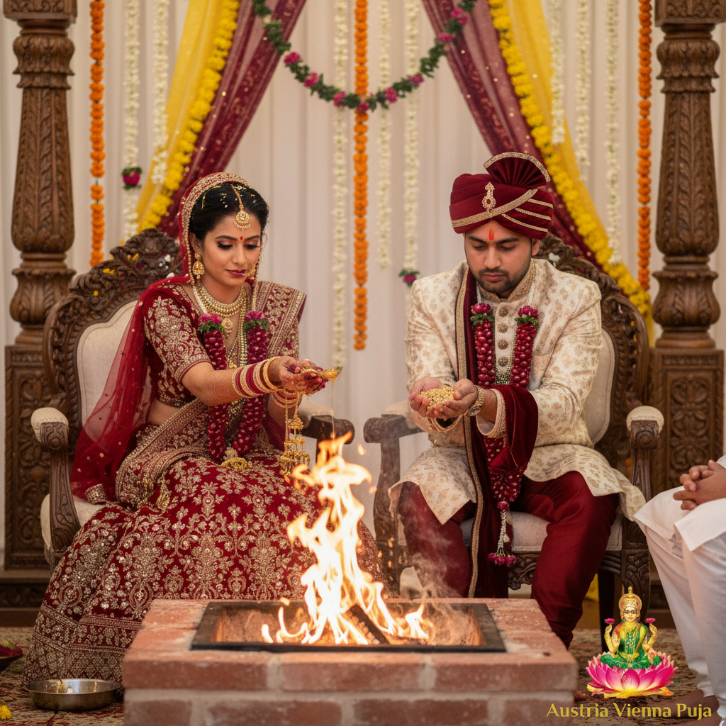 Traditional Hindu wedding in Austria ceremony showing couple performing Agni ritual, sacred fire ceremony, with traditional mandap decoration and colorful red garlands