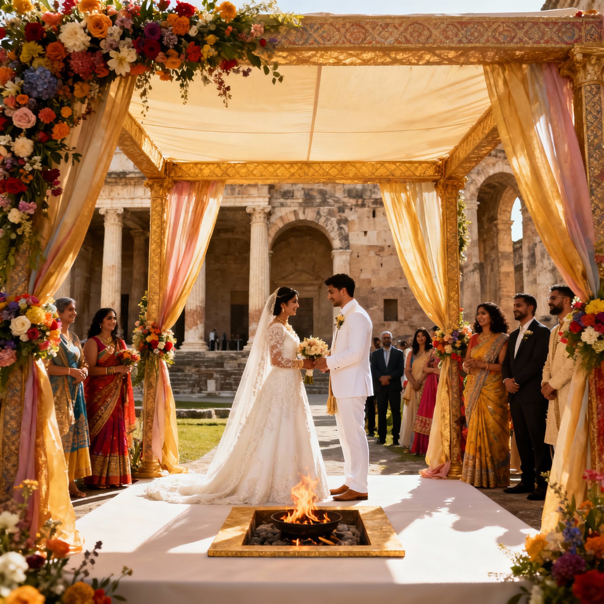 Hindu priest in Rome with bride and groom conducting Vedic wedding ceremony at sacred fire, ornate golden mandap with flowers, ancient Roman columns and historic architecture backdrop
