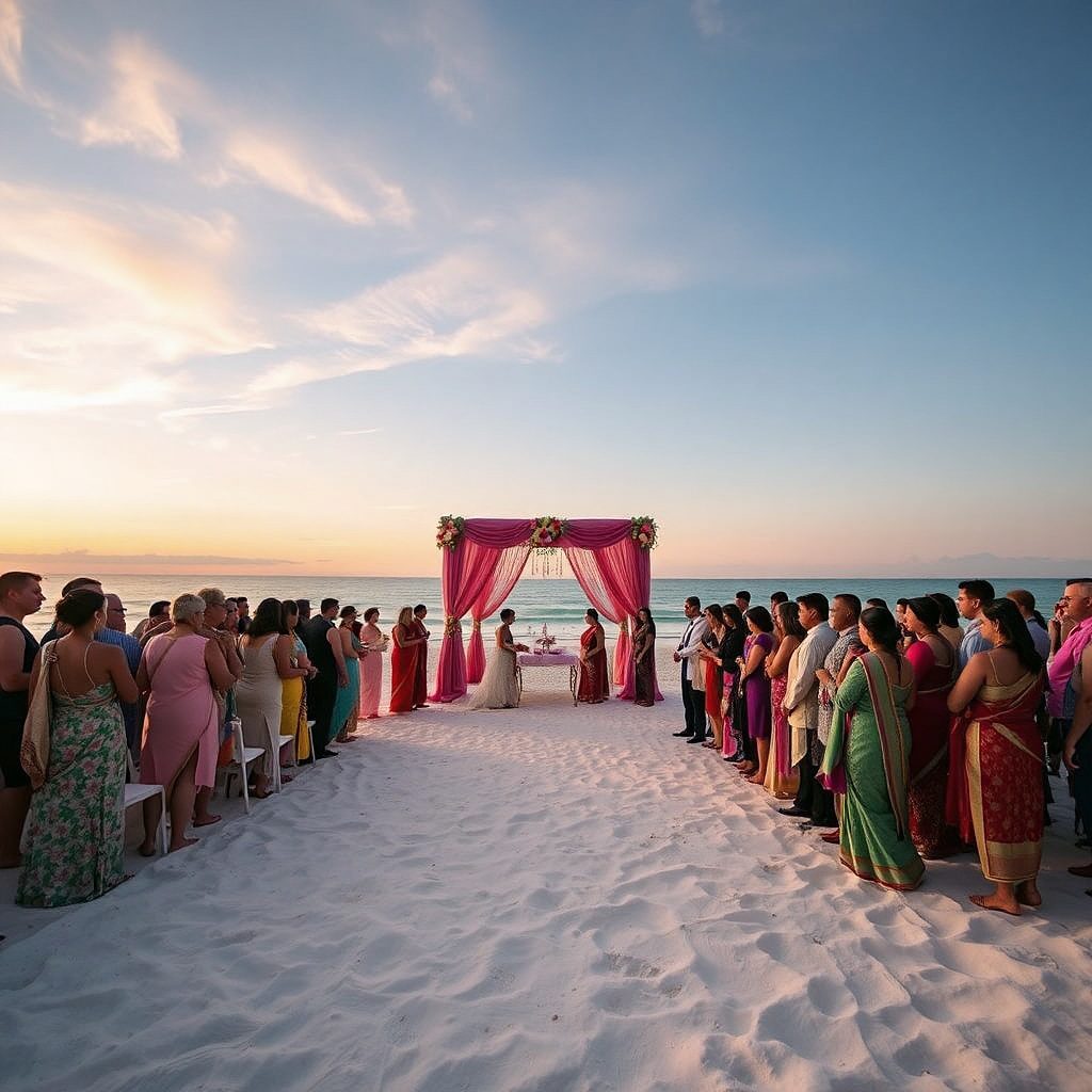 Traditional Hindu wedding ceremony celebration at Barcelona beach with elaborately decorated mandap, couple exchanging vows, and guests gathered for sacred ritual