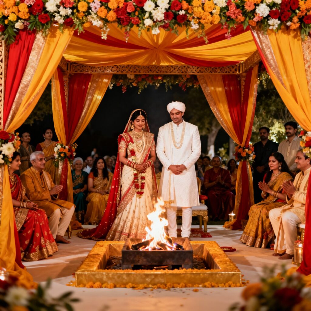 Hindu pandit in Milano leading a Vedic wedding before the sacred fire at a Lombardy villa