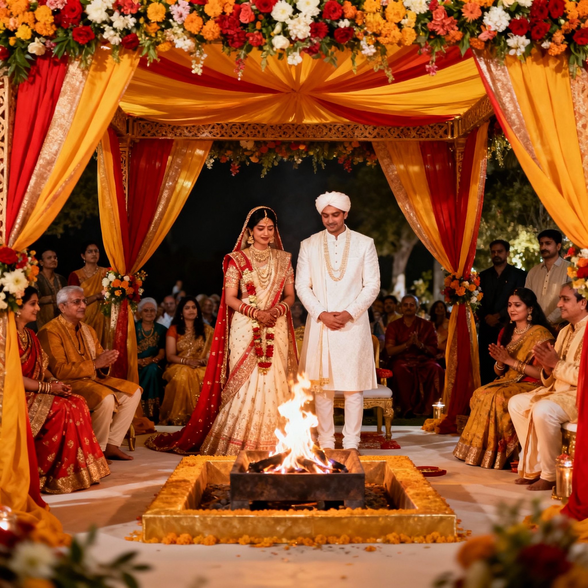 Hindu pandit in Milano leading complete Vedic wedding ceremony with couple performing Saptapadi ritual, sacred fire, traditional decoration, and multi-generational family celebration