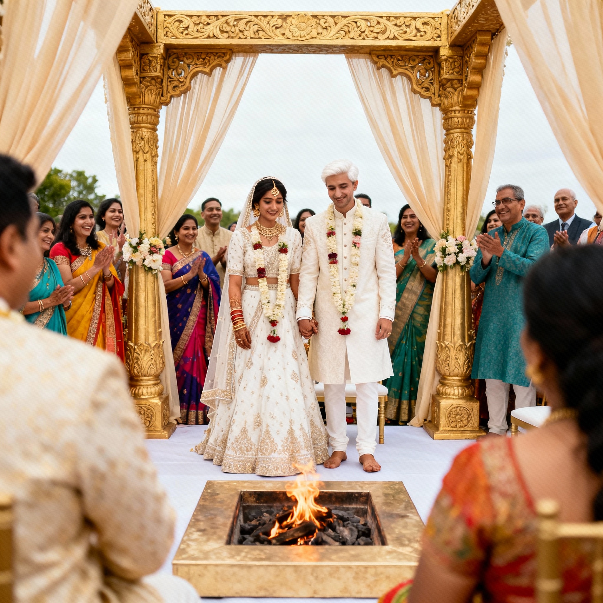 Hindu priest in Portugal leading complete Vedic wedding ceremony with couple performing sacred fire ritual, family gathered in traditional dress, golden mandap with flowers