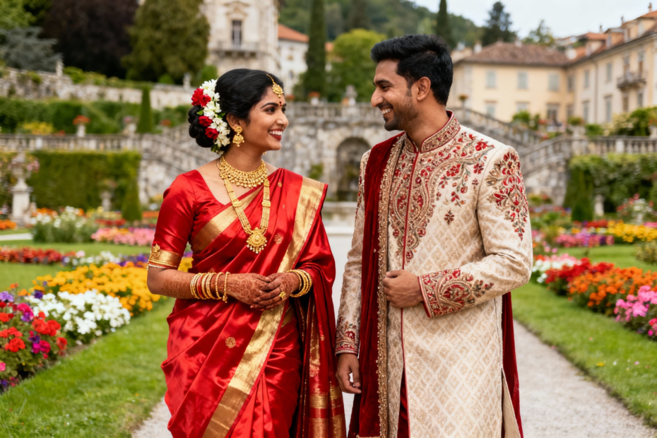 Indian bride in red silk saari and groom in embroidered sherwani at European destination wedding venue with palace backdrop and floral gardens