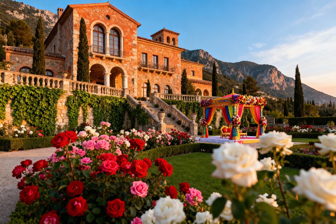 Hindu wedding ceremony setup at Croatian historic villa featuring elaborate floral mandap decoration, stone architecture, and Mediterranean mountain backdrop