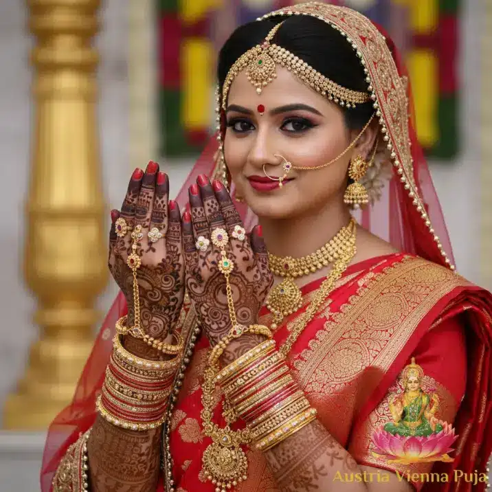 North Indian Hindu wedding customs shown through complete bride appearance: intricate mehndi henna, red silk sari with Laxmi motif, extensive gold jewelry, traditional head chain, veil, bindi, and decorative bangles representing sacred bridal aesthetic