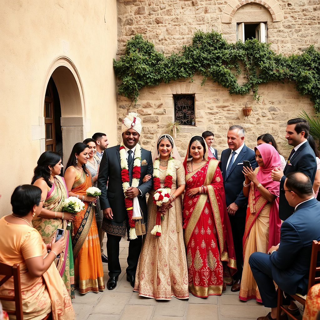 Indian wedding ceremony in Tuscany villa with traditional Hindu rituals and mandap set among Italian countryside