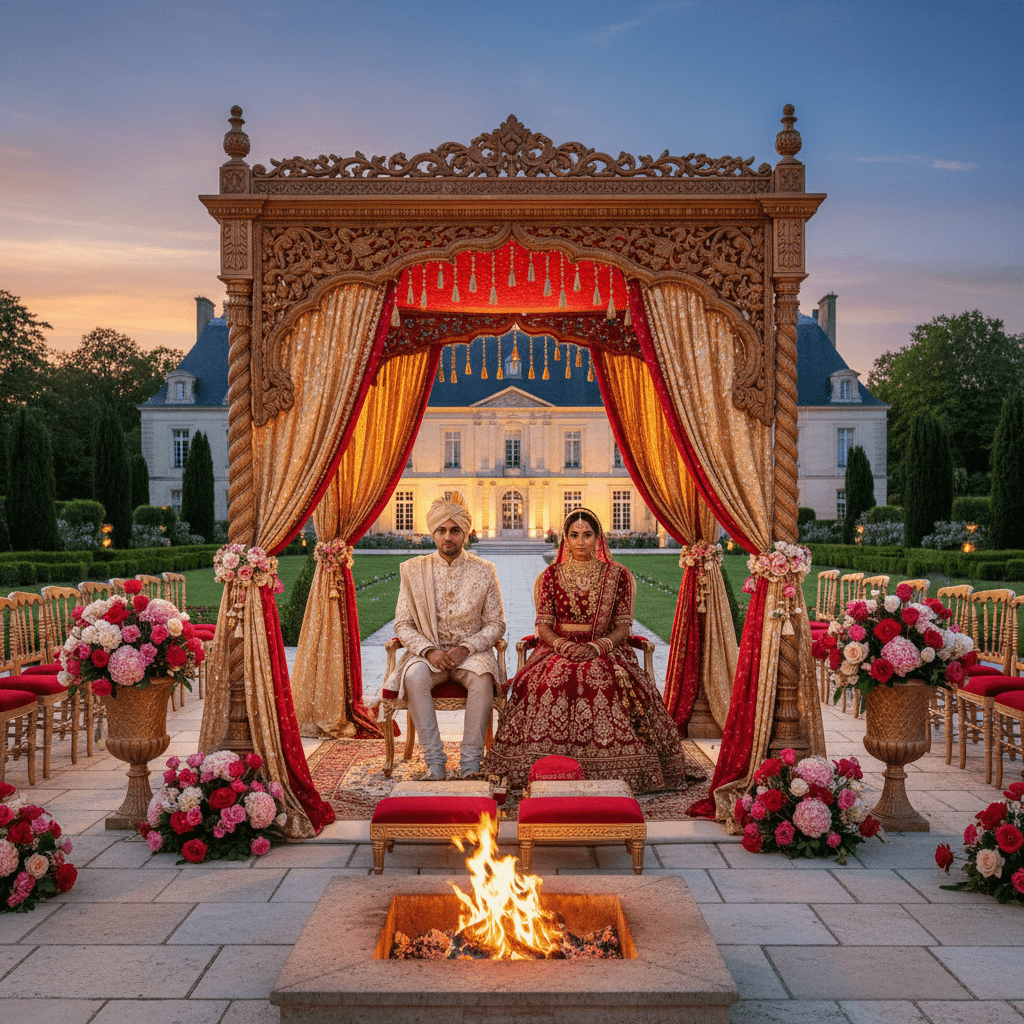 Indian weddings in France with traditional Hindu rituals and mandap set at historic chateau venue