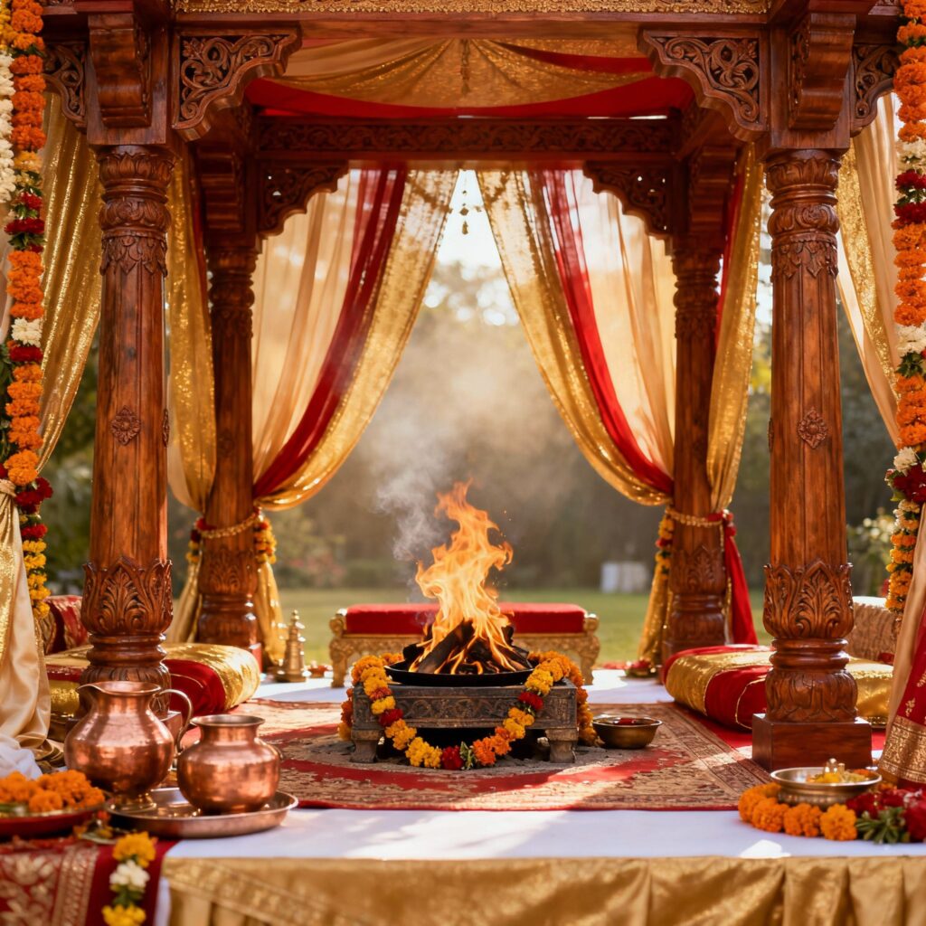 Sacred Hindu puja ceremony with traditional offerings in Vienna