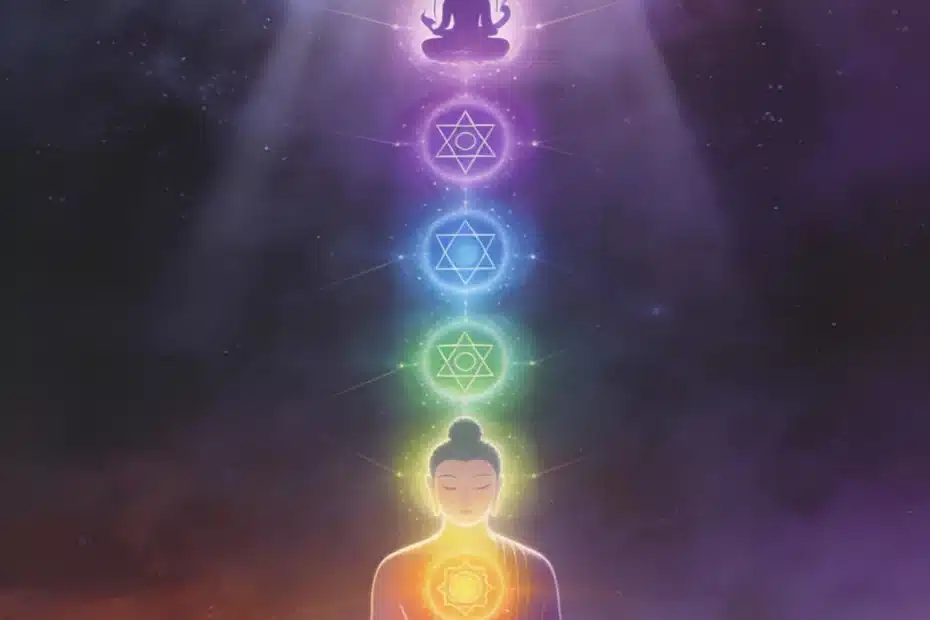 Chakra Puja meditation showing seven chakras energy centers with Star of David geometric symbols, meditating figure in yoga pose, kundalini energy flow, and cosmic spiritual awakening