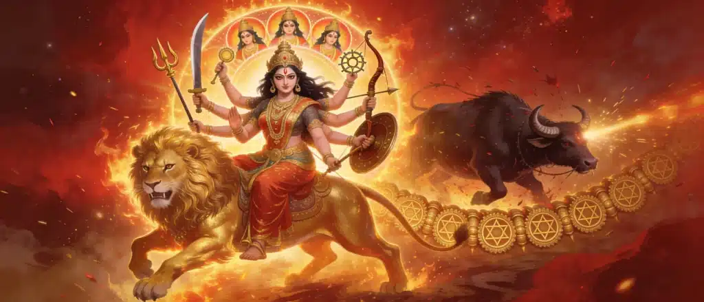 The Goddess Durgā depicted in her warrior form, seated upon her lion