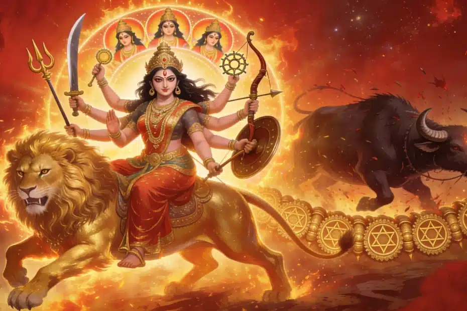 Durga Puja - Goddess Durga in Warrior Form Riding Golden Lion with Ten Arms, Sacred Weapons, Divine Light, Chakra Activation, Mahishasura Demon Defeat, and Navadurga Forms