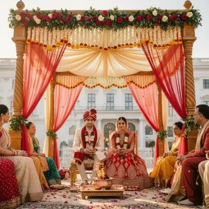 A Hindu wedding beneath the mandap, the couple before the sacred fire with the family witnessing