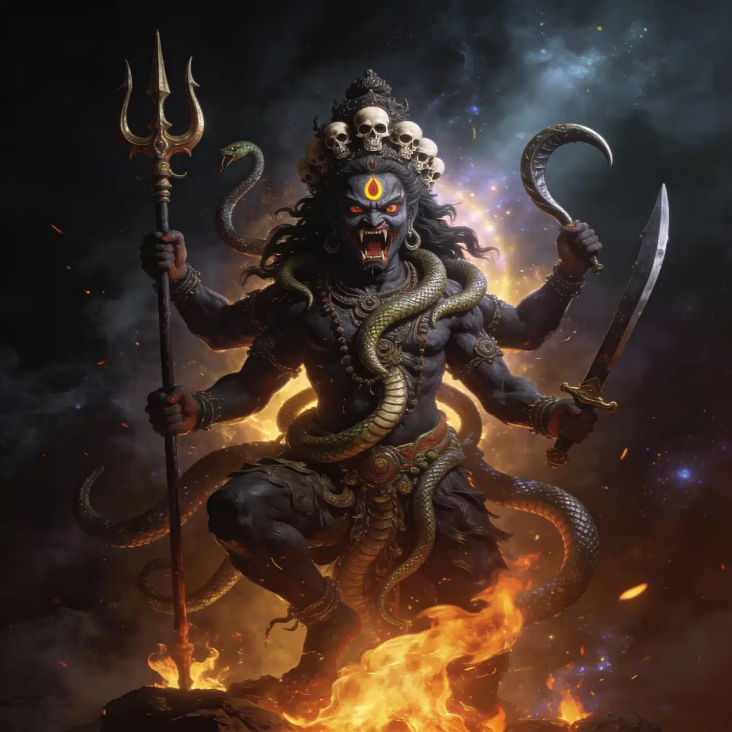 Kala Bhairava, the fierce guardian deity, holding trident and sword amid sacred fire