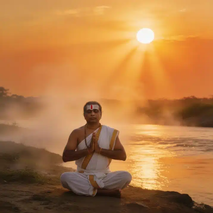 A priest offering water to the rising sun during the Sandhyā Vandanam rite at the riverside at dawn
