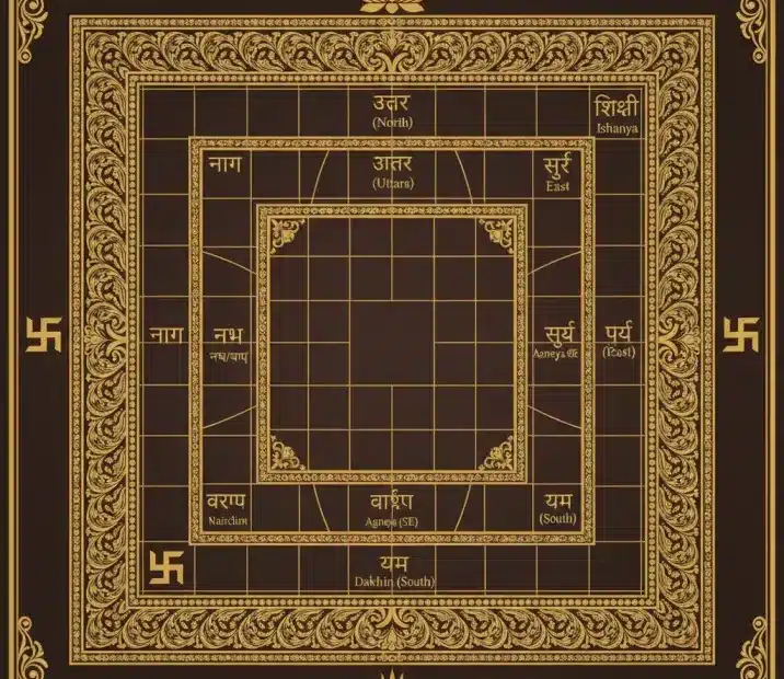 Vastu Purusha Mandala Puja sacred geometric diagram showing cosmic grid with 45 divine deities, central Brahmasthan energy zone, directional zones representing fire water air earth space, and Vastu Purusha cosmic figure lying across mandala for architectural harmony and prosperity